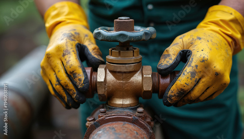 Worker hands in yellow gloves tighten rusty metal water valve. Person performs plumbing repair maintenance on pipe connection. Focus on dirt grime dirty hands and tools.