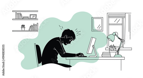 Vector illustration of stressed man working on computer at desk