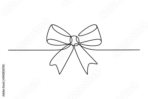 Black and white line of a decorative bow tied around a straight line ribbon knot line black and white