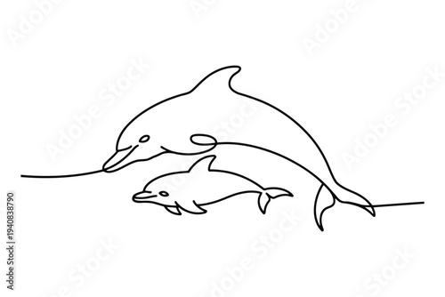 Black and white line of a mother dolphin and calf swimming together in smooth curves line dolphin baby dolphin
