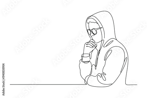 Minimalist black and white line of a person in a hoodie holding a cup in contemplation line black and white