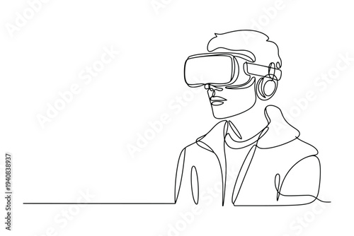 Minimalist black and white line of a person wearing a virtual reality headset line black and white monochrome