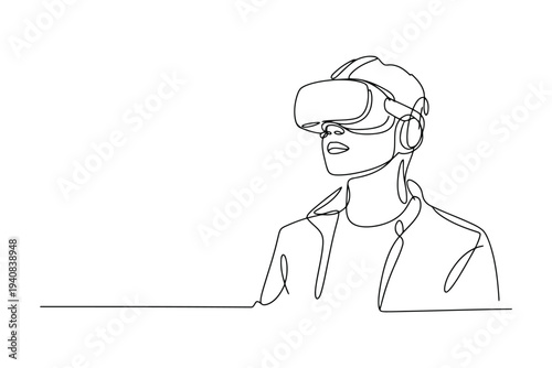 Minimalist black and white line of a person wearing a virtual reality headset line black and white VR headset