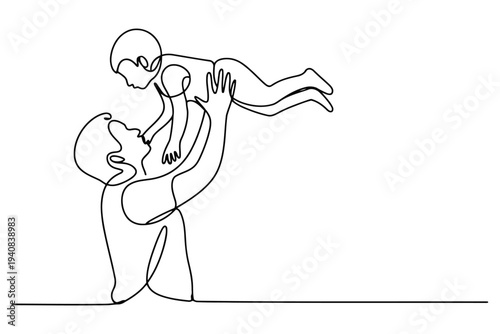 Minimalist black and white line of an lifting a child in the air line monochrome