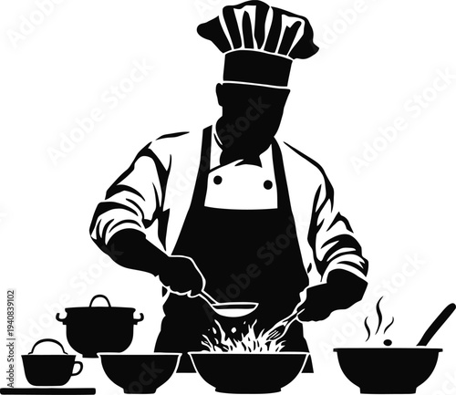 Professional chef silhouette expertly preparing a sizzling dish with a ladle and fork in a busy kitchen environment, demonstrating culinary skill and passion for cooking delicious meals.