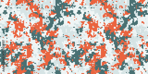 Abstract digital camouflage pattern in orange, gray, and white.  Perfect for textile design, backgrounds, military themes, or modern fashion.
