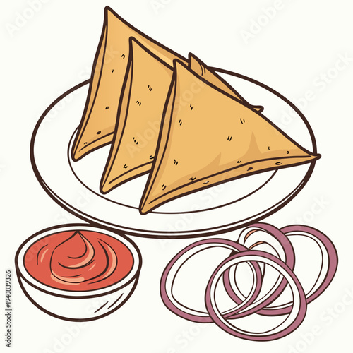 Spicy Potato Samosas with Ketchup and Sliced Onions in Plate. Authentic Indian Street Snacks Illustration