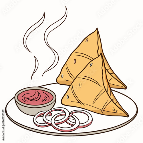 Spicy Potato Samosas with Ketchup and Sliced Onions in Plate. Authentic Indian Street Snacks Illustration