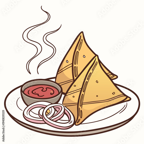 Spicy Potato Samosas with Ketchup and Sliced Onions in Plate. Authentic Indian Street Snacks Illustration