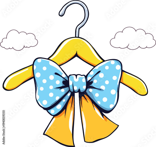 Cute stylized illustration of a bright yellow clothes hanger adorned with a large blue and white polka dot bow tie against a plain background.