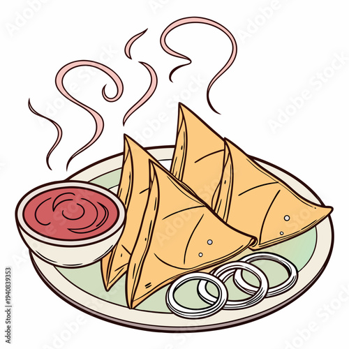 Spicy Potato Samosas with Ketchup and Sliced Onions in Plate. Authentic Indian Street Snacks Illustration