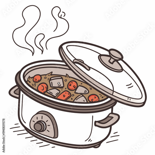 A vector illustration of a digital slow cooker with a glass lid and steaming food inside, isolated on a white background, detailed and realisti