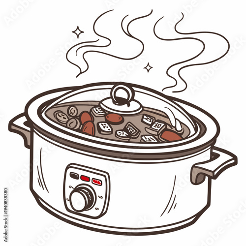 A vector illustration of a digital slow cooker with a glass lid and steaming food inside, isolated on a white background, detailed and realisti