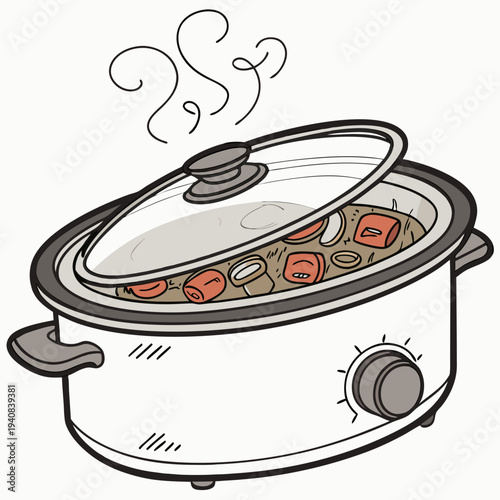 A vector illustration of a digital slow cooker with a glass lid and steaming food inside, isolated on a white background, detailed and realisti