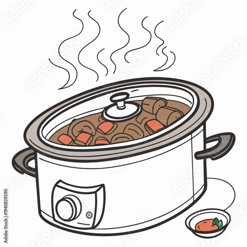 A vector illustration of a digital slow cooker with a glass lid and steaming food inside, isolated on a white background, detailed and realisti