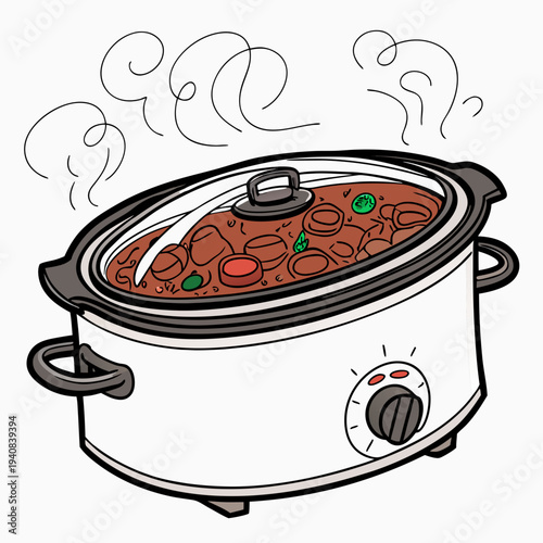 A vector illustration of a digital slow cooker with a glass lid and steaming food inside, isolated on a white background, detailed and realisti
