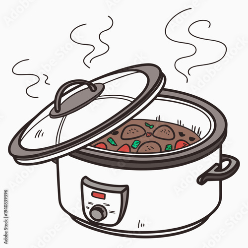 A vector illustration of a digital slow cooker with a glass lid and steaming food inside, isolated on a white background, detailed and realisti