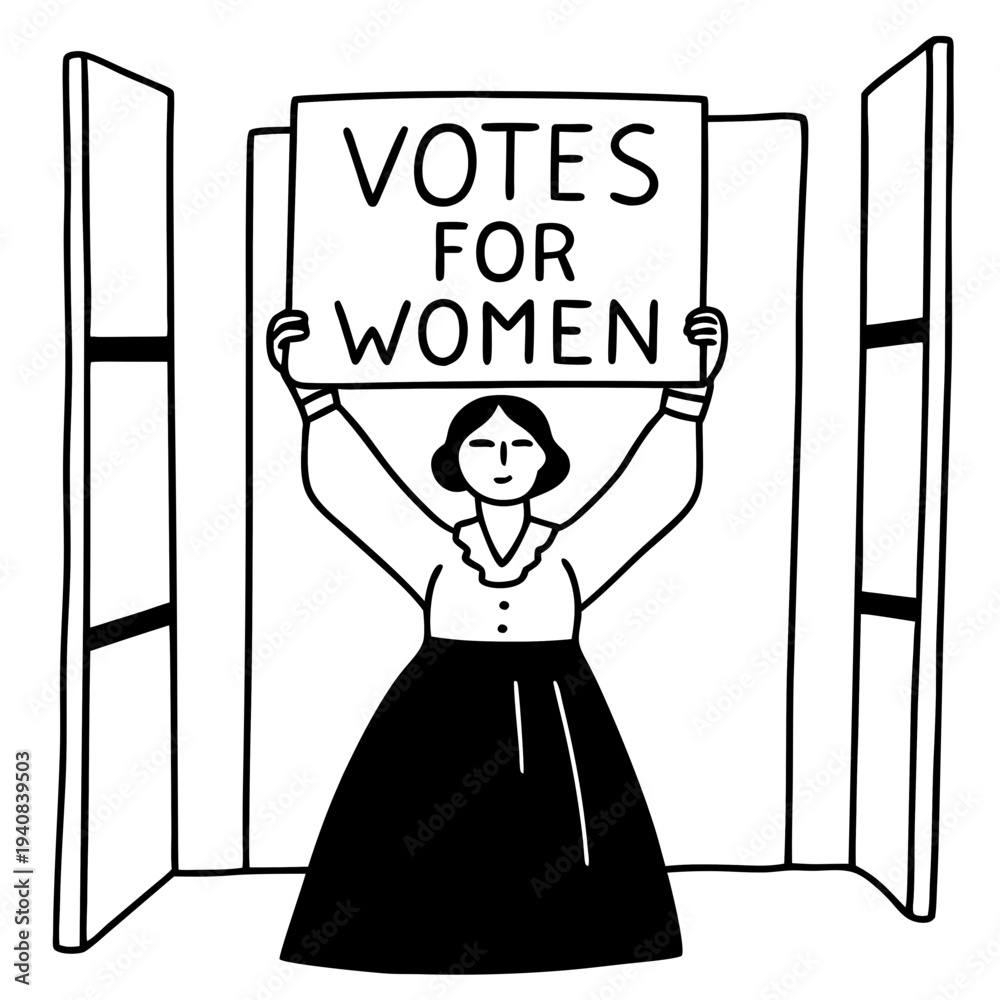 Obraz premium Detailed Line Art of a Suffragette Holding a Sign, Advocating for Women's Rights and Gender Equality, Suitable for Historical Presentations and Educational Resources.