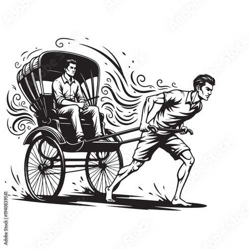 Athletic rickshaw puller transporting passenger in traditional cart through city street way