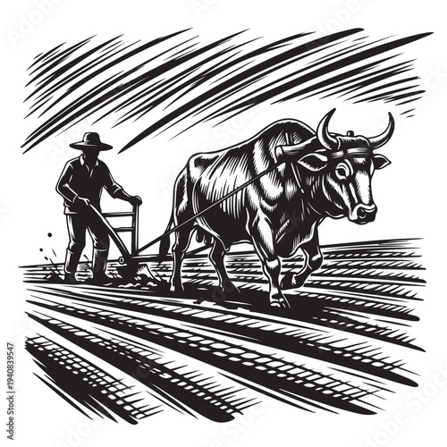 Strong farmer guiding ox pulling heavy plow through deep soil rows in countryside farmland