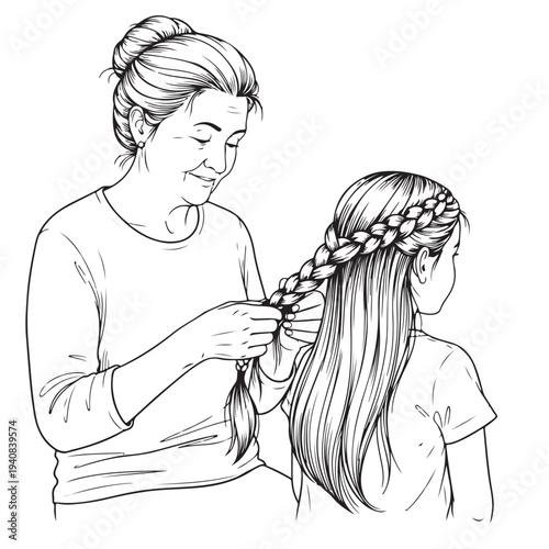 Mother braiding daughter long hair from behind black and white line art vector illustration
