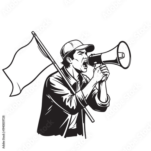 Angry young man yelling through megaphone and carrying a flag pole in line art drawing style