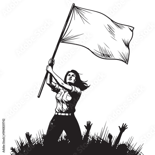 Heroic woman holding flag high above crowd of raised hands vector illustration monochrome art