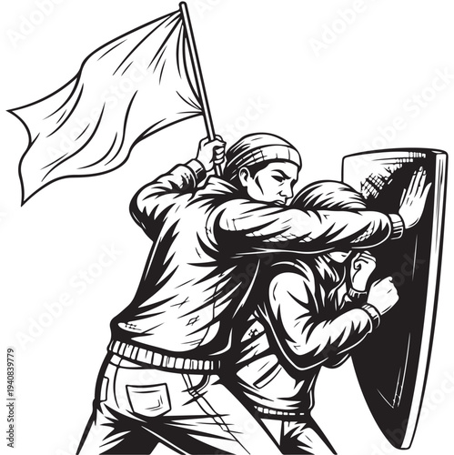 Two protesters with flag and shield vector illustration black and white background