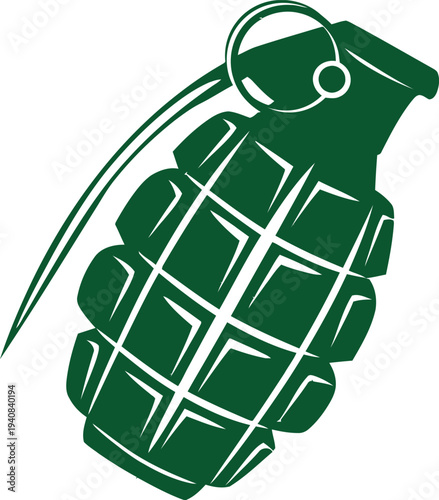 Stylized vector graphic illustration depicting a classic fragmentation hand grenade design with a distinct green silhouette against a white background.