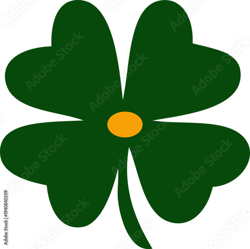 Stylized four leaf clover icon featuring four dark green rounded petals surrounding a small vibrant orange circular center against a clean white background.