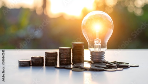 Business idea concept with light bulb and coins illustrating smart investing, financial planning, and profit growth. 