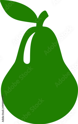 Simple graphic silhouette icon representing a ripe green pear with a small leaf and stem detail perfect for healthy food design projects