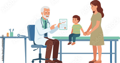 Senior pediatrician showing medical results to mother and child in clinic