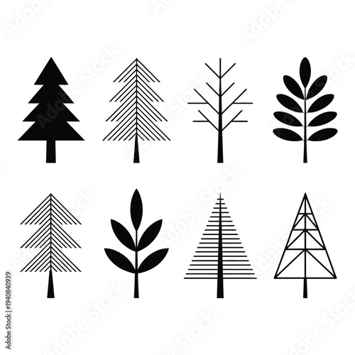 Set of Minimalist Black Evergreen Tree Icons with Various Stylized Forest Silhouettes