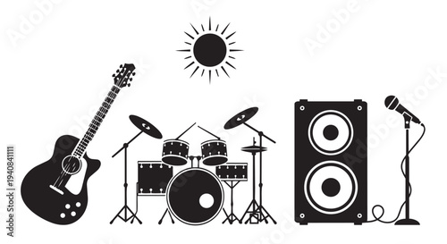 Music instruments vector illustration with guitar drum set microphone and speaker equipment