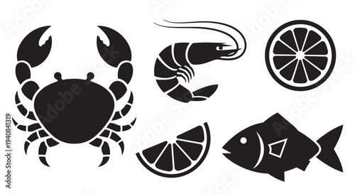 Seafood vector illustration set with crab, shrimp, fish, and lemon slices isolated on white background