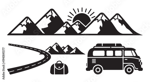 Vector travel graphic illustration with mountains, van, road, and backpack for adventure designs