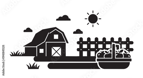 Farm vector illustration with barn fence and fruit basket graphic design elements