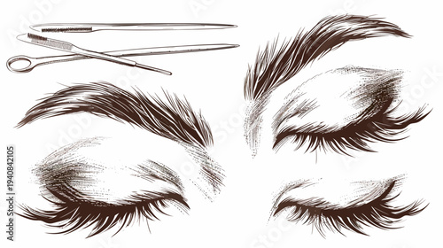 Stylized digital illustration showing tools and close-ups of eyes and eyebrows