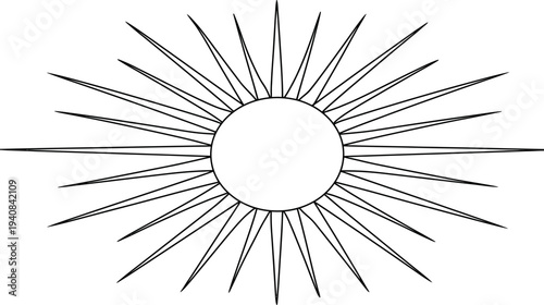 A geometric illustration featuring a central circle with radiating lines, resembling a stylized sun