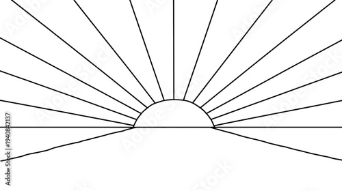 A minimalist monochrome illustration of a rising sun with radiating lines over a horizon
