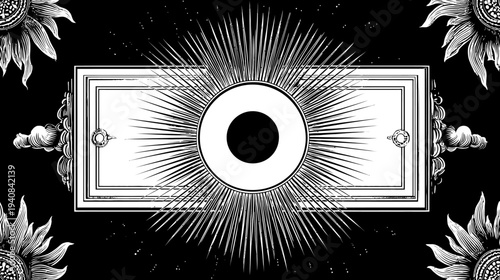 A monochrome illustration features a central eye, radiating light, and decorative elements