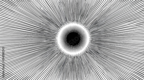 Black and white abstract artwork featuring radial lines converging towards a central oval void