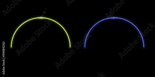 Glowing yellow green and bright blue neon arch lines light up a dark black backdrop