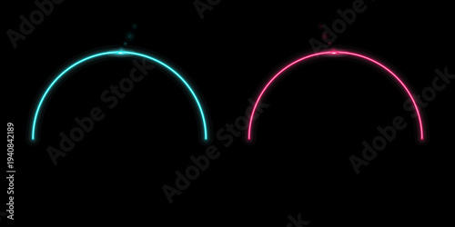 Two brilliant neon arcs in teal and pink cast an exciting luminous glow on a deep black
