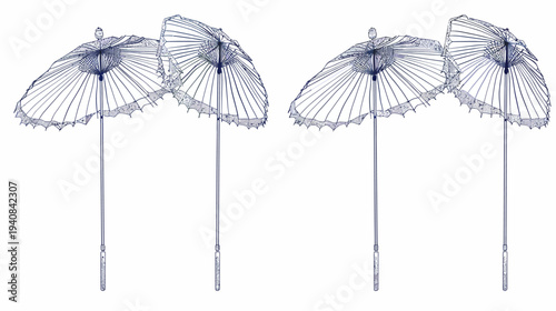 Illustration of four open parasols, rendered in a simple drawing style, on a white background