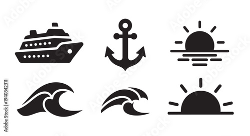 Set of black nautical vector icons including cruise ship and anchor elements for marine designs