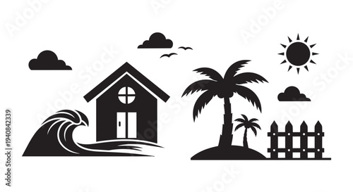 Coastal house vector illustration with palm trees, fence, and ocean wave graphic design elements