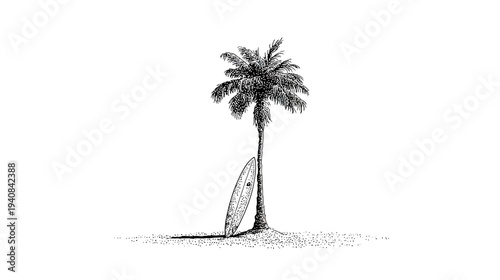 A black and white illustration of a tall palm tree with a surfboard leaning against it