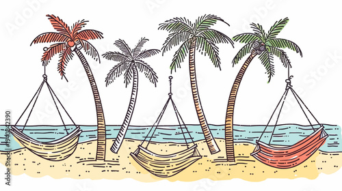 Illustration of palm trees with hanging hammocks on a beach. Beach scene with sea & sand